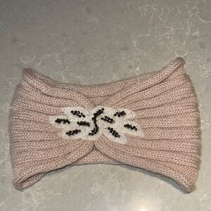 Charming Charlie Blush Knit Headband with Beaded Leaf Applique